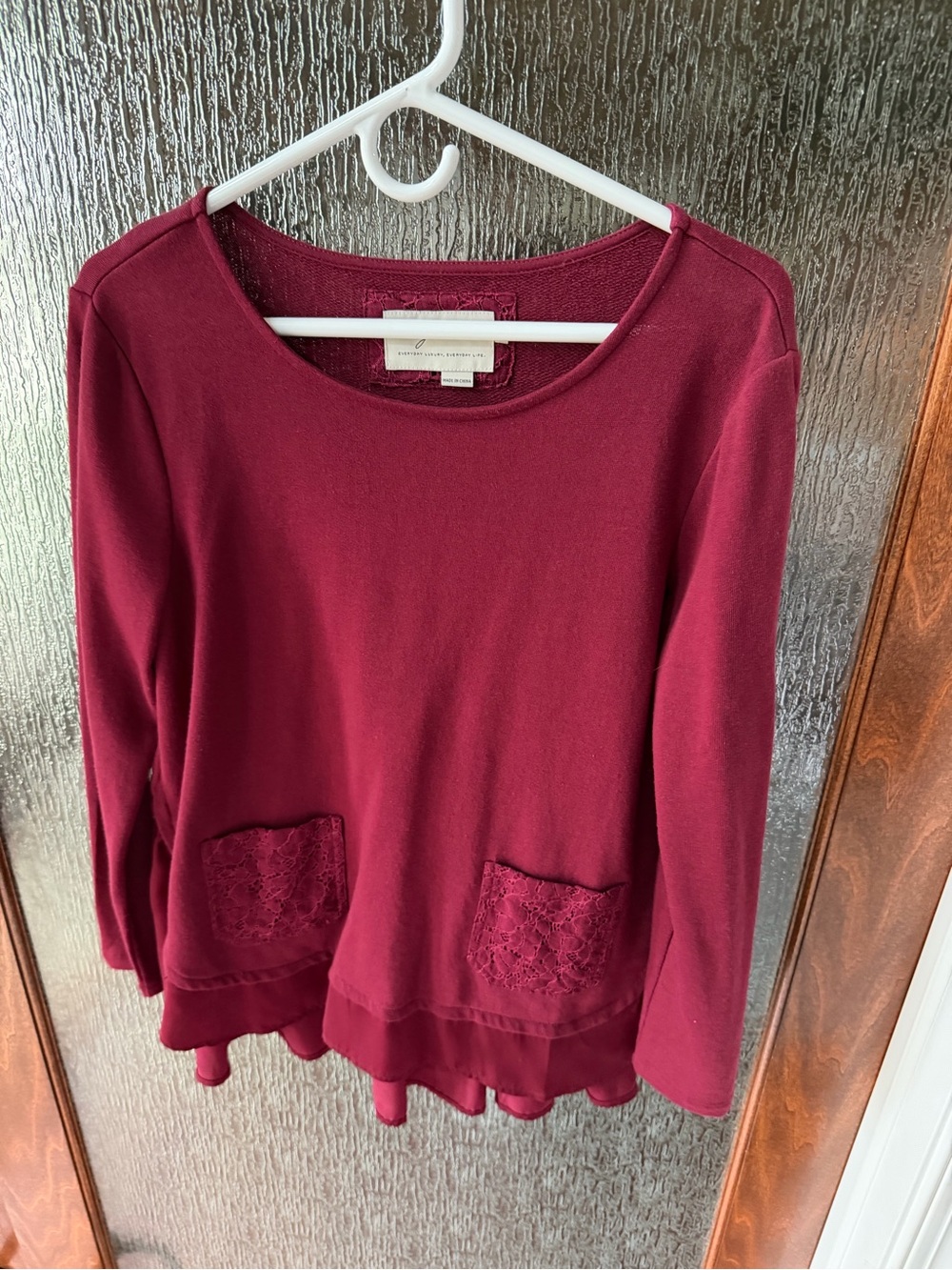 evy's tree Burgundy Lace-Pocket Long Sleeve Top